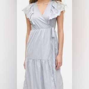 Gap- Striped (Blue & White) Flutter Sleeve Knee Length Wrap Dress
